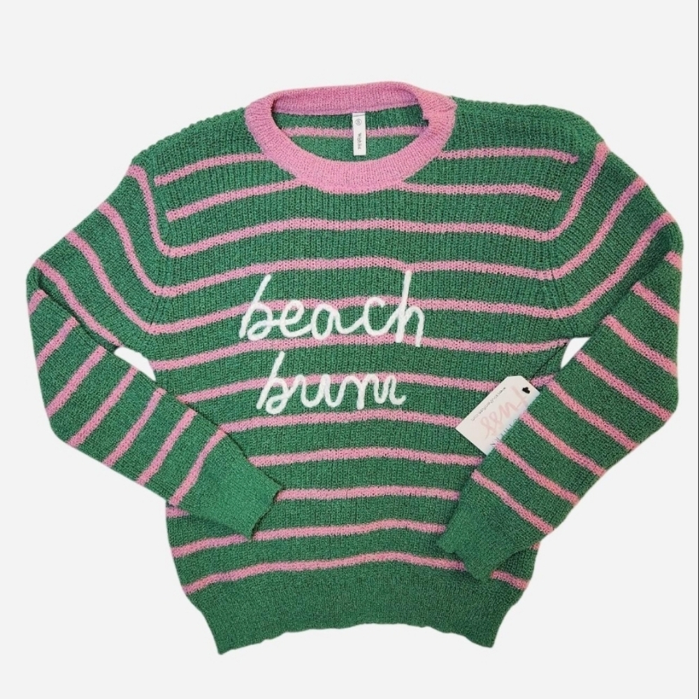 Pink & Green Striped “Beach Bum” Knit Sweater Size S NWT